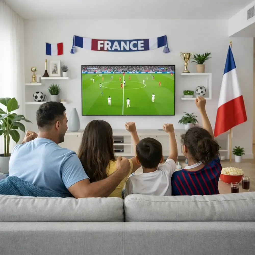 Famille qui regarde un match de l’équipe de France à la télévision